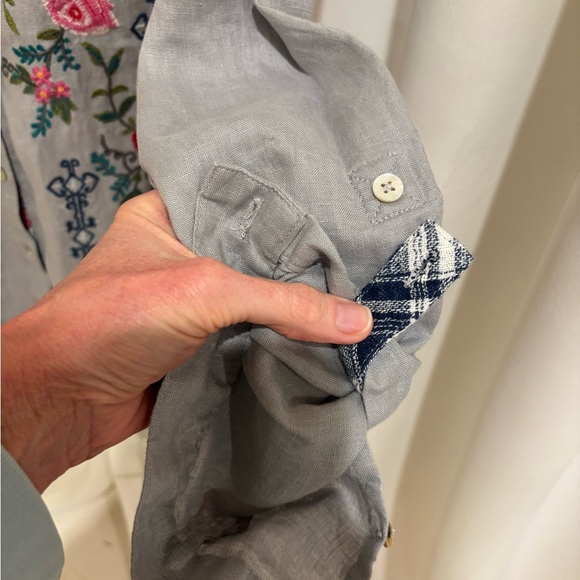 John Mark Floral Embroidered High Neck Collar Navy Plaid Button Down Shirt - Picture 7 of 12